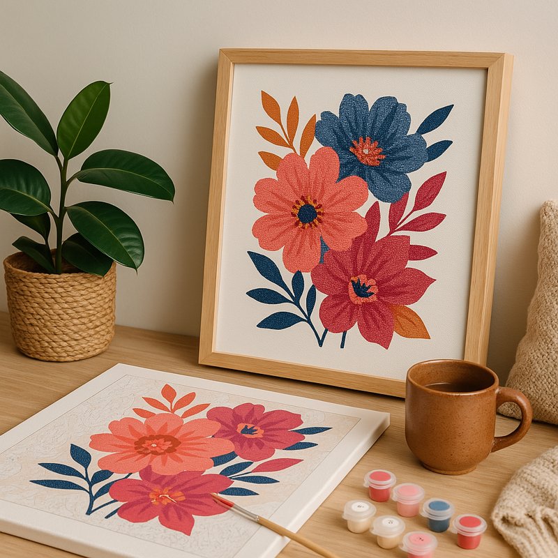 Finished paint-by-numbers artwork and tools in a cozy home setting, representing quality and customer satisfaction.