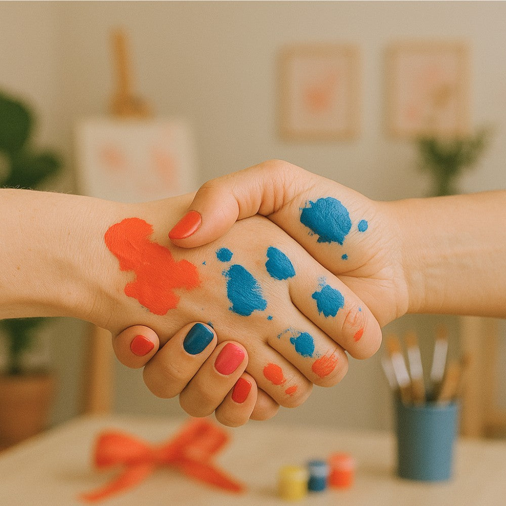 Close-up of a handshake between artists with paint-splattered hands and nails in coral, pink, and blue — symbolizing creative support and trust