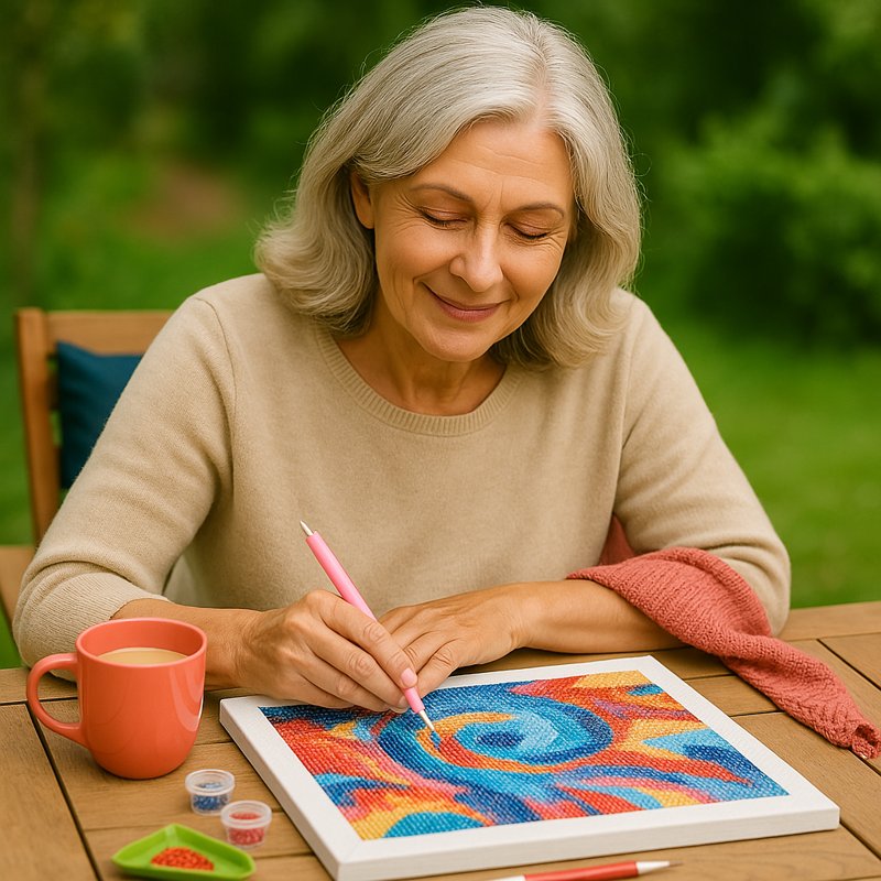 Older woman crafting a paint-by-numbers kit outdoors with a coral scarf, highlighting the handmade charm of each piece.