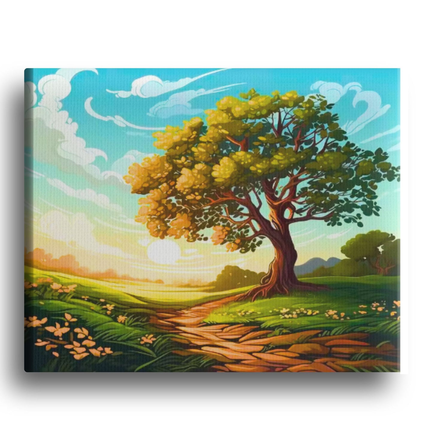 Paint-by-numbers kit featuring a golden-leaved tree on a sunlit countryside path with rolling green fields and a glowing sky