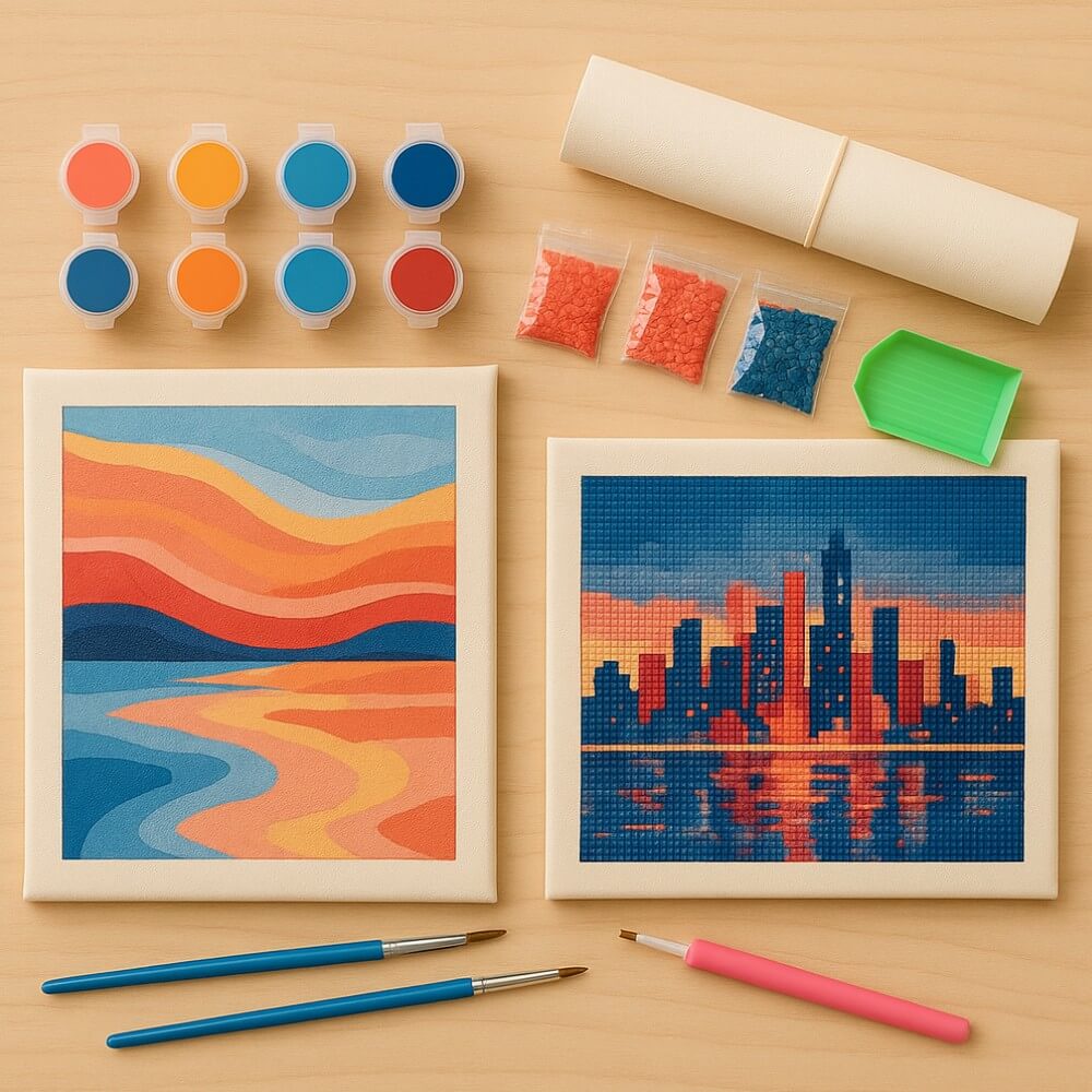 Paint-by-numbers and diamond painting supplies neatly arranged on a table, showing tools and kits packed fresh for each order