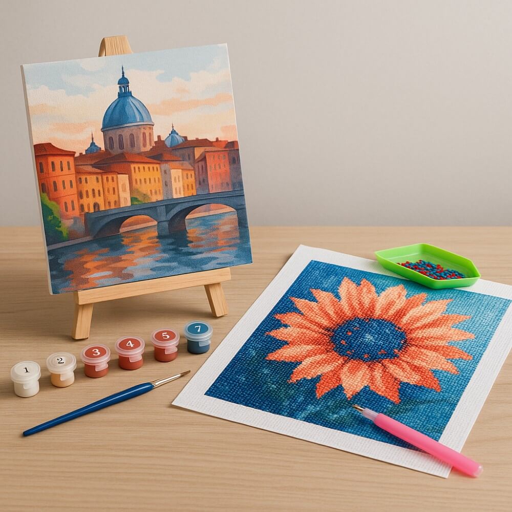 Paint-by-numbers and diamond painting kits in progress on a wood surface, with tools and calming colors inviting creativity.