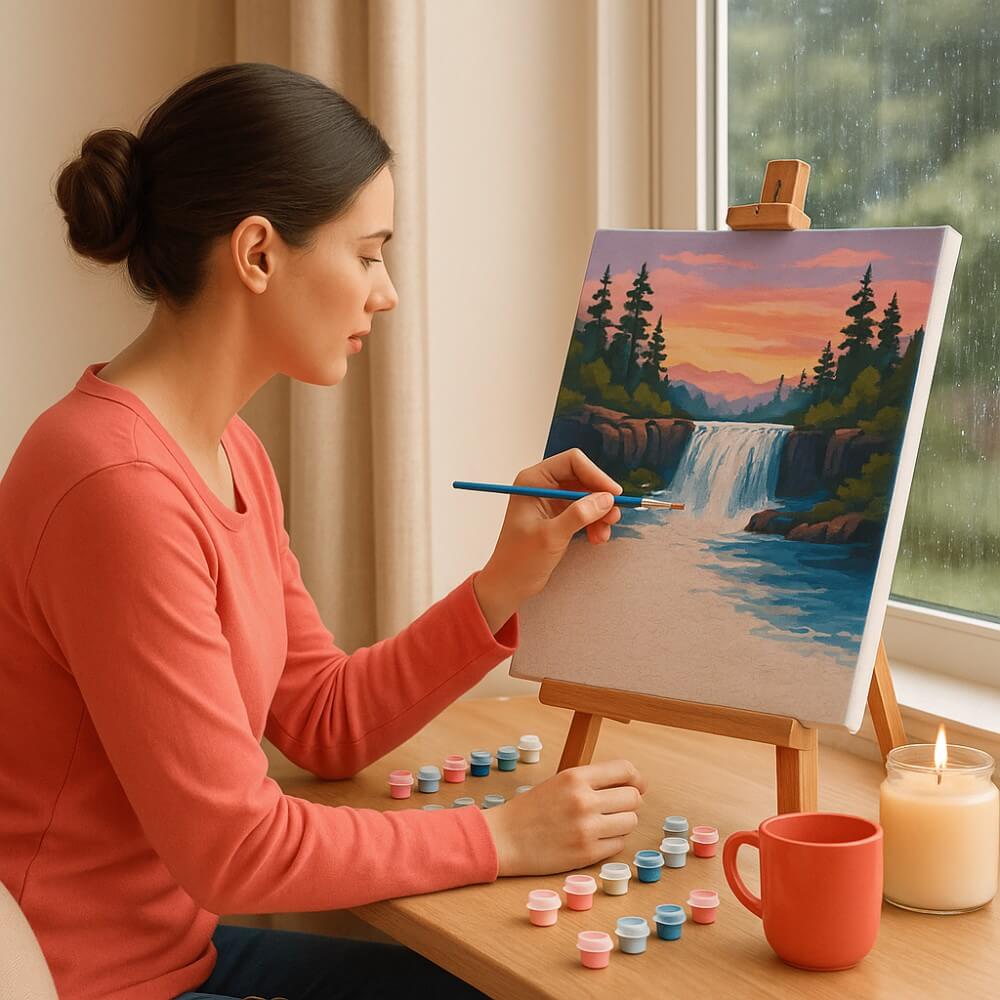 A woman painting a colorful waterfall scene by a rainy window, surrounded by paint pots, a candle, and a coral mug — a calm and cozy creative moment with Diamond Number Paint.
