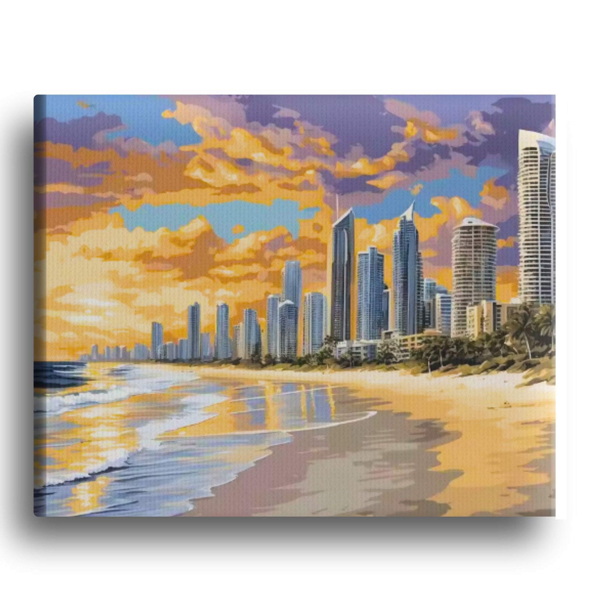 Sunset City Shore Paint by Numbers Kit – Urban Coastal Landscape Framed Canvas