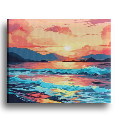 Paint-by-numbers kit of a glowing ocean sunset with crashing waves, vivid skies, and twilight reflections in the water.